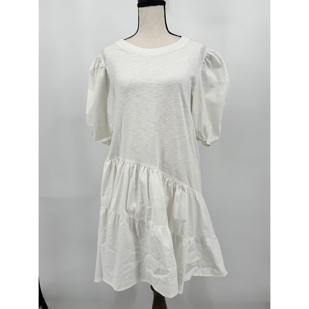 Cinq a Sept Mixed Media Dress Women S White Puff Sleeve Asymmetrical Tiered Mini